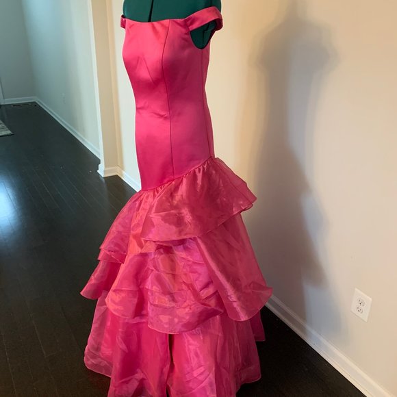 Hot Pink Trumpet Style Asymmetrical Evening Gown - Picture 2 of 4